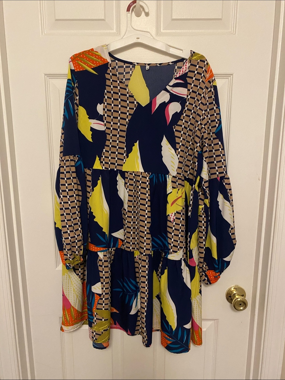 Boho Floral Tiered Swing Dress in Navy and Yellow